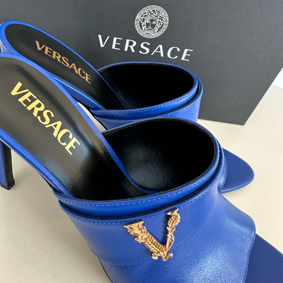 Versace Logo Mules Sandals Heels Blue - Picture 3 of 6